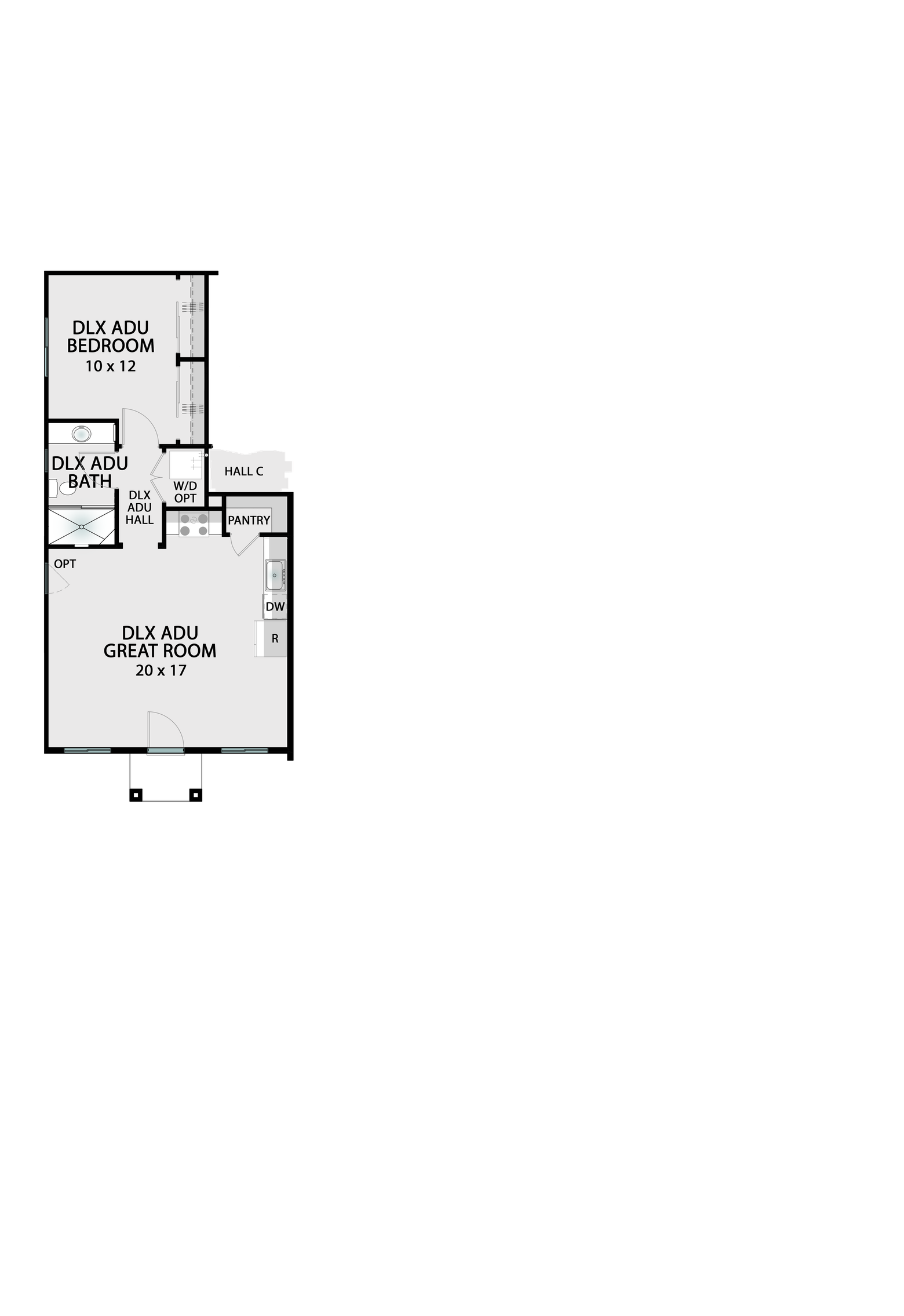 Deluxe ADU Option structural overlay — premium Accessory Dwelling Unit with upgraded finishes and full independent living amenities